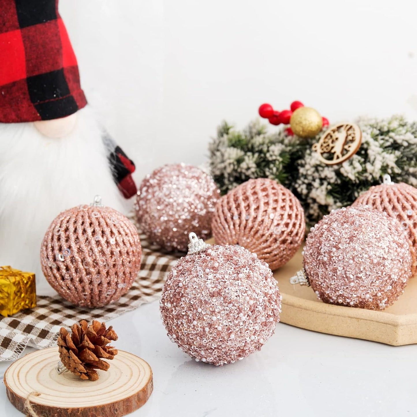 3.15" Christmas Ball Ornaments Glitter Shatterproof Christmas Tree Ornaments Sequin Xmas Hanging Balls Decorations for Wedding Party Holiday(Rose Gold, 12Pc-8Cm)