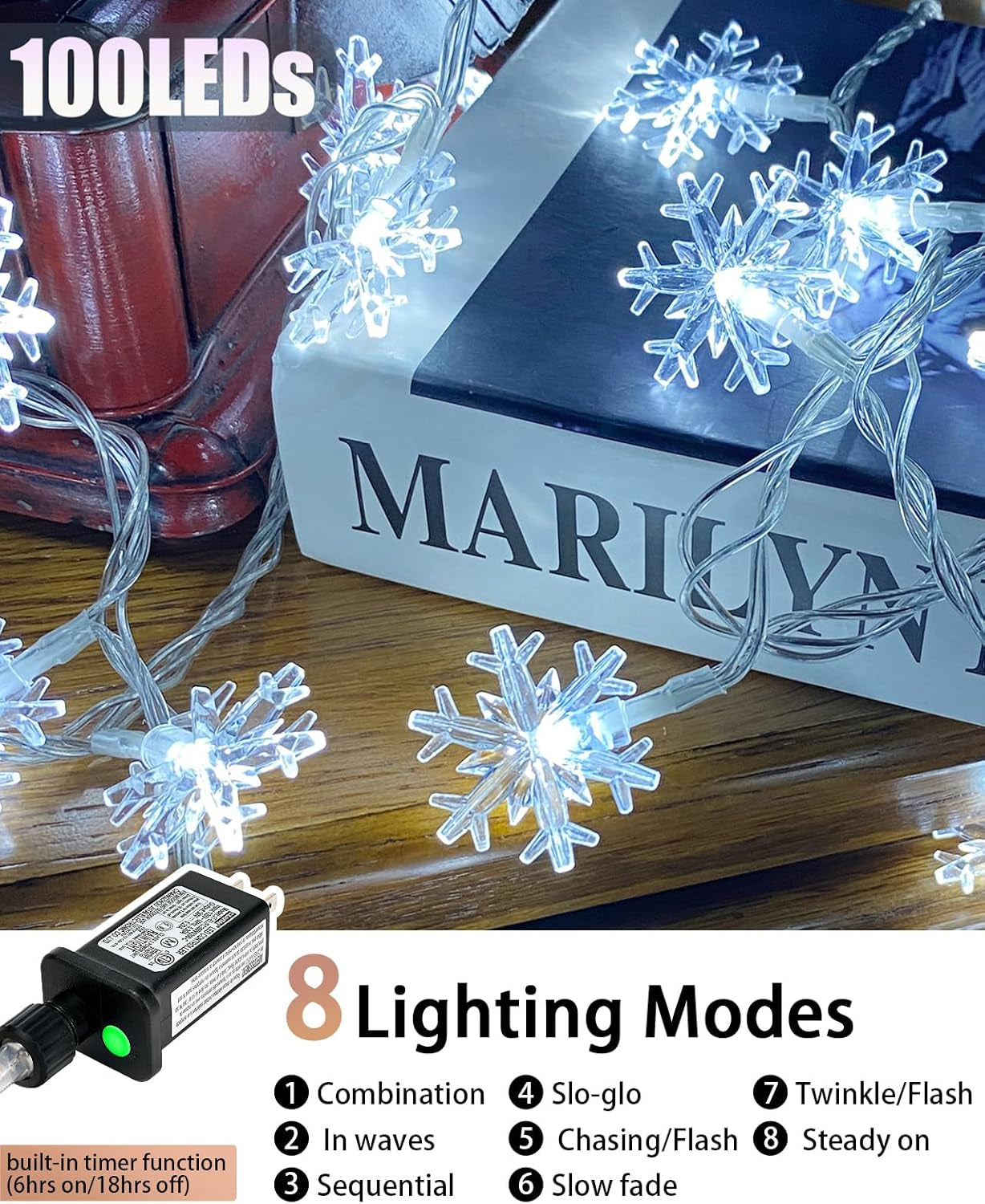 100 LED Snowflake Lights, 32Ft Snowflake Fairy String Lights, 8 Modes Plug in Christmas String Lights, Waterproof Xmas Light for Indoor Christmas Decorations, White