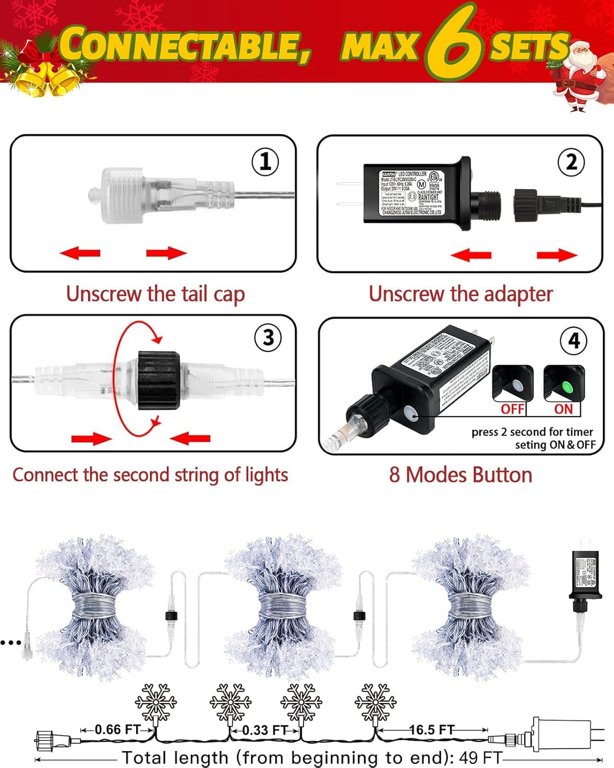 100 LED Snowflake Lights, 32Ft Snowflake Fairy String Lights, 8 Modes Plug in Christmas String Lights, Waterproof Xmas Light for Indoor Christmas Decorations, White