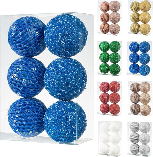 6Pcs 3.94" Christmas Ball Ornaments Glitter Shatterproof Christmas Tree Ornaments Sequin Xmas Hanging Balls Decorations for Wedding Party Holiday(Sapphire, 6Pc-10Cm)