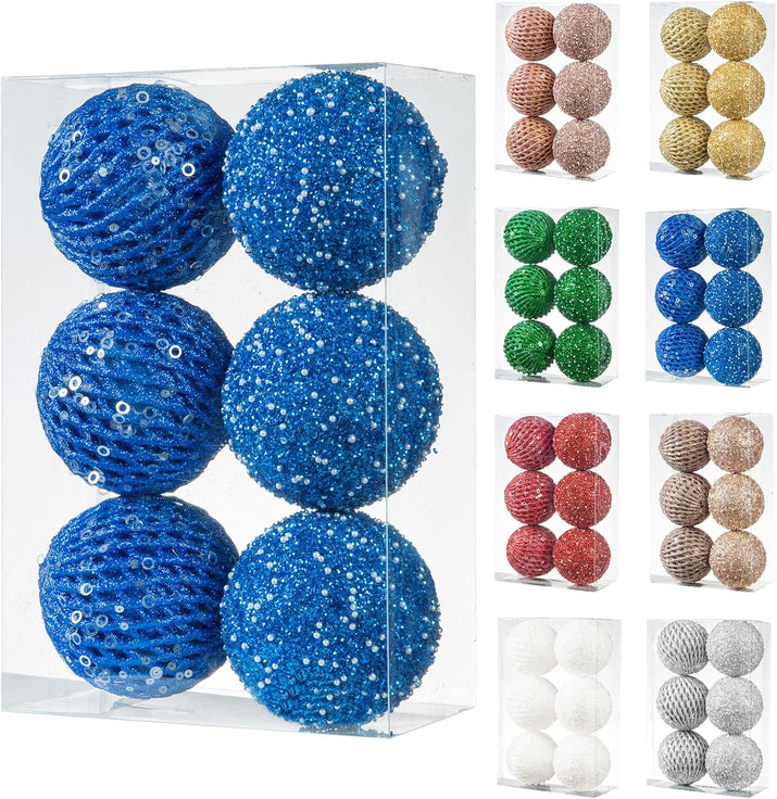 6Pcs 3.94" Christmas Ball Ornaments Glitter Shatterproof Christmas Tree Ornaments Sequin Xmas Hanging Balls Decorations for Wedding Party Holiday(Sapphire, 6Pc-10Cm)