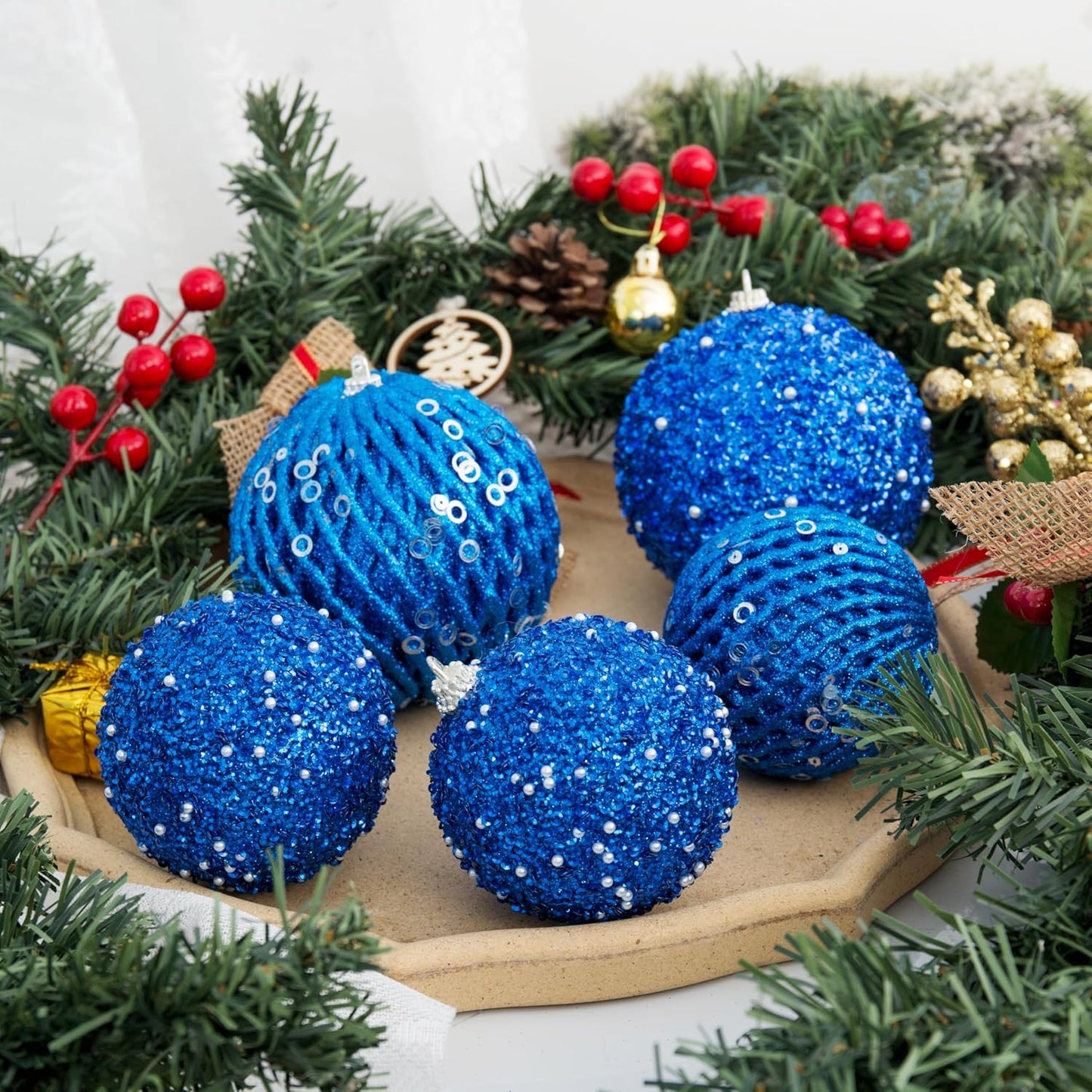 6Pcs 3.94" Christmas Ball Ornaments Glitter Shatterproof Christmas Tree Ornaments Sequin Xmas Hanging Balls Decorations for Wedding Party Holiday(Sapphire, 6Pc-10Cm)