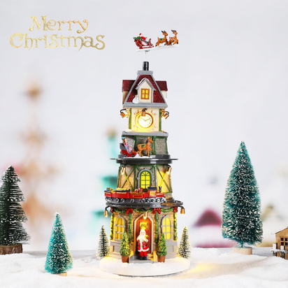 Animated Christmas Village Clock Tower with Reindeer, Train, and Lights