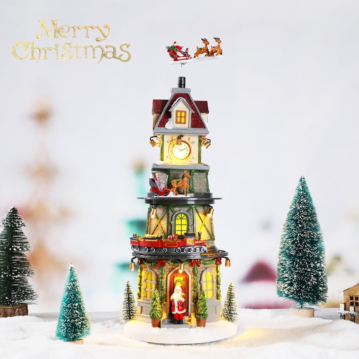Animated Christmas Village Clock Tower with Reindeer, Train, and Lights