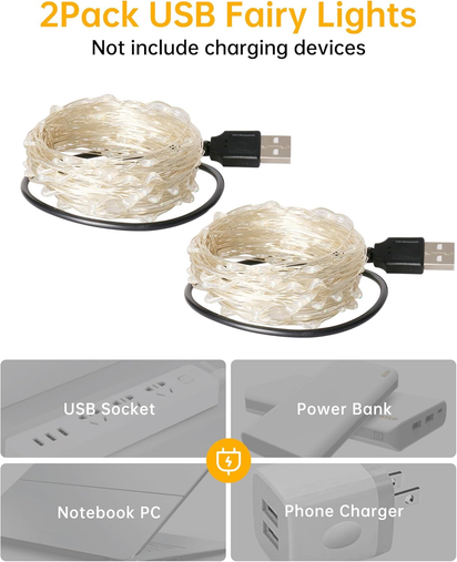 USB Powered Fairy Lights, 2 Pack 33Ft 100 LED, Flexible Silver Wire, Mini String Lights for Christmas Tree/Bedroom/Camping/Holiday Indoor Decoration, Warm White