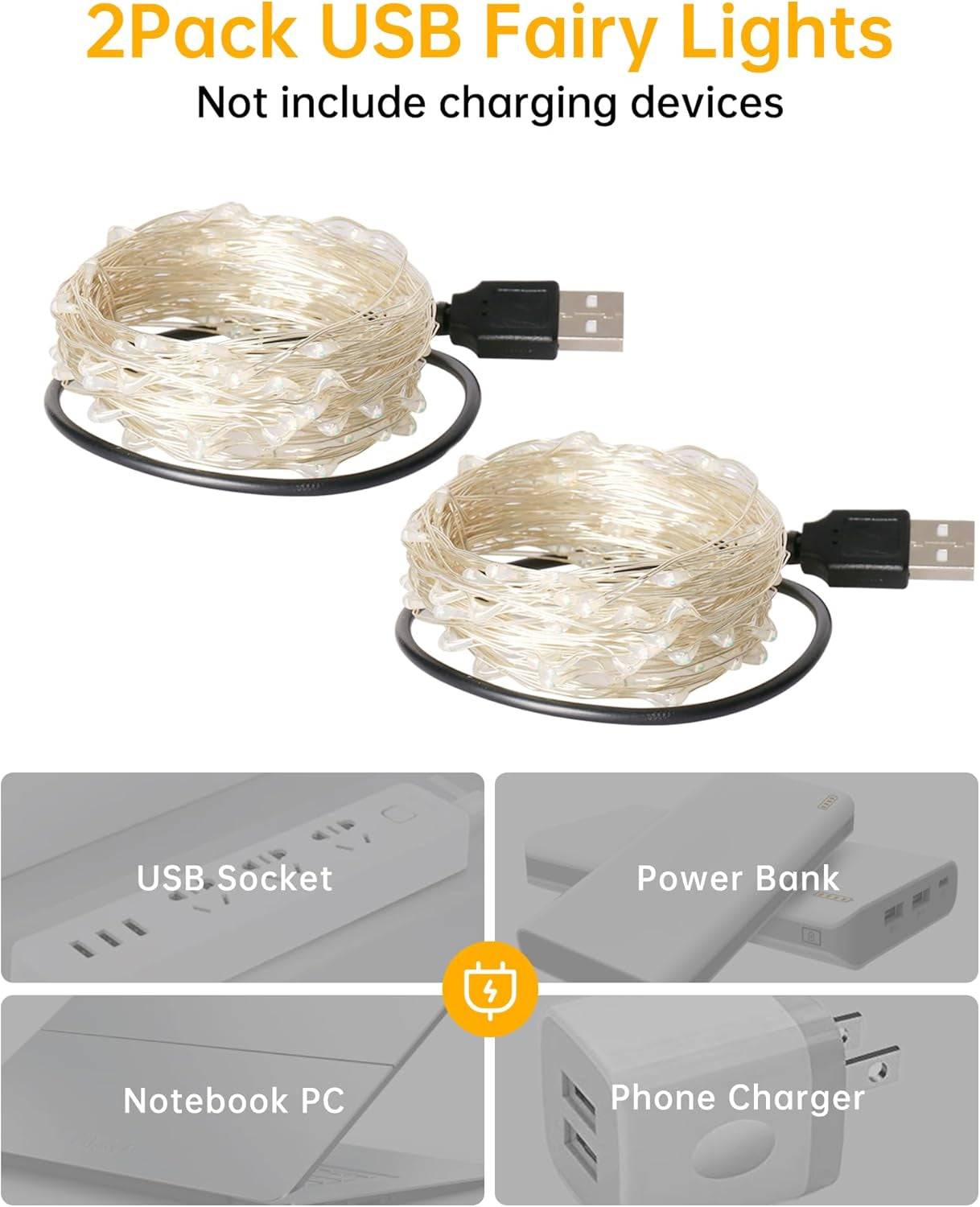 USB Powered Fairy Lights, 2 Pack 33Ft 100 LED, Flexible Silver Wire, Mini String Lights for Christmas Tree/Bedroom/Camping/Holiday Indoor Decoration, Warm White