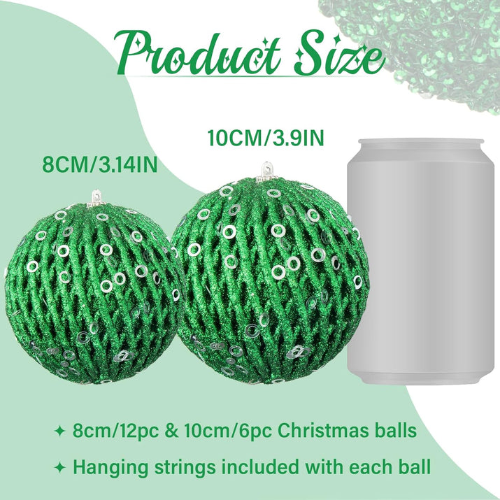 3.15" Christmas Ball Ornaments Glitter Shatterproof Christmas Tree Ornaments Sequin Xmas Hanging Balls Decorations for Wedding Party Holiday(Green, 12Pc-8Cm)