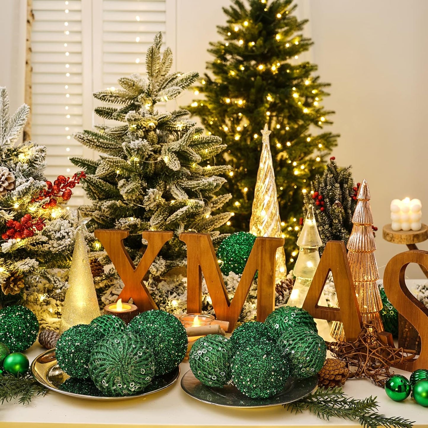 3.15" Christmas Ball Ornaments Glitter Shatterproof Christmas Tree Ornaments Sequin Xmas Hanging Balls Decorations for Wedding Party Holiday(Green, 12Pc-8Cm)