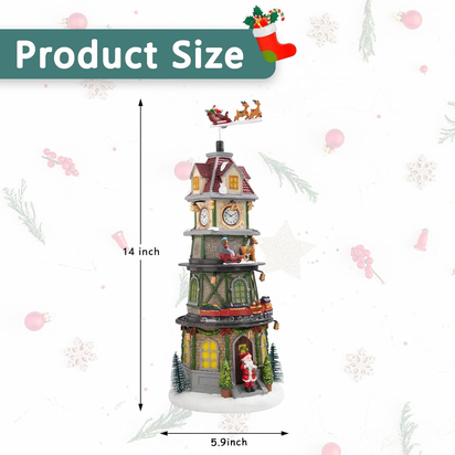 Animated Christmas Village Clock Tower with Reindeer, Train, and Lights