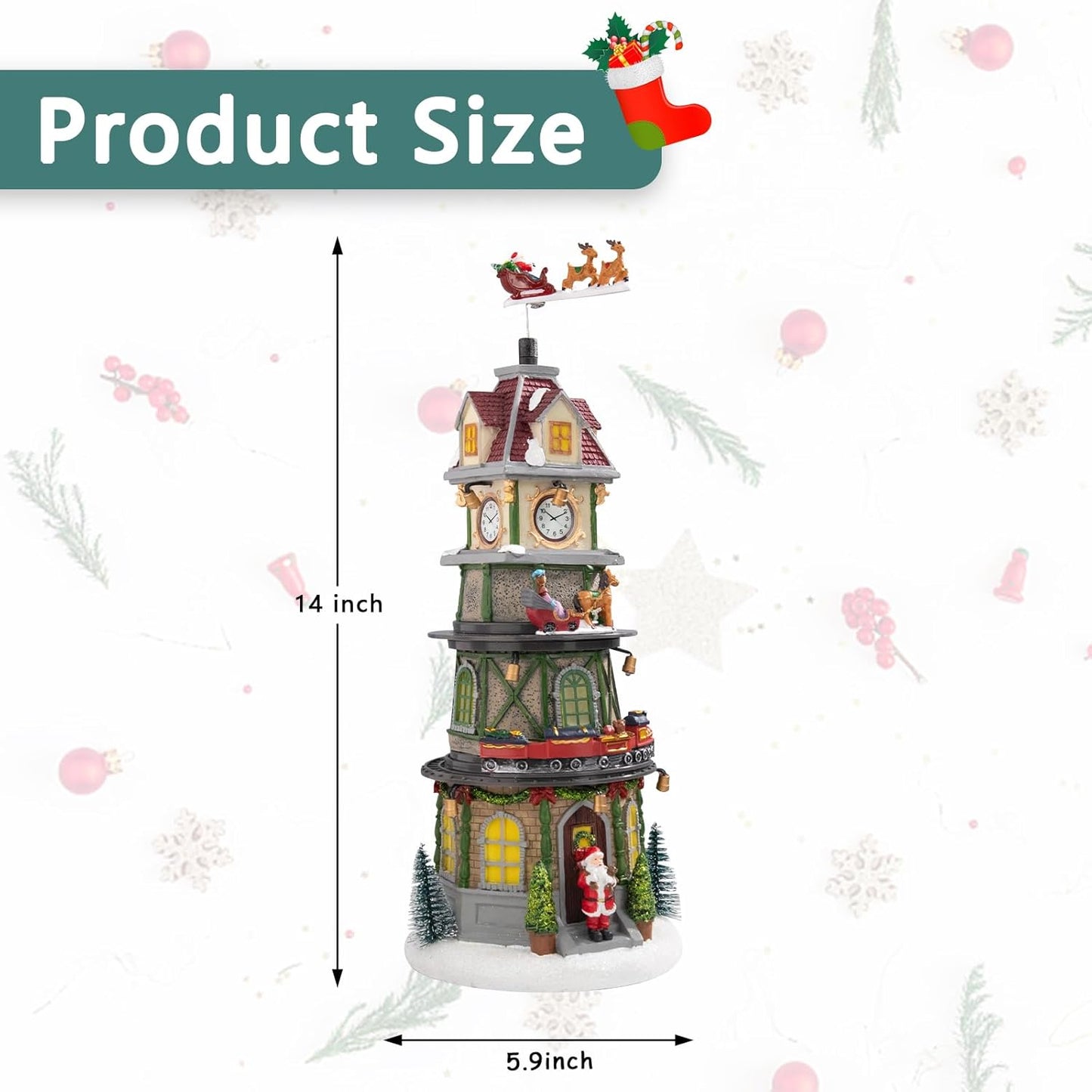 Animated Christmas Village Clock Tower with Reindeer, Train, and Lights