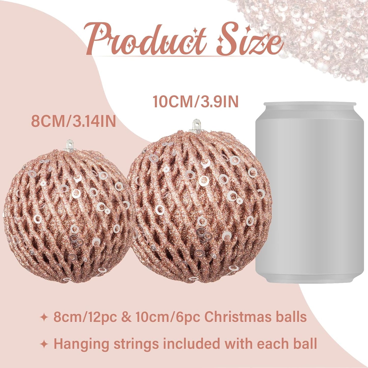 3.15" Christmas Ball Ornaments Glitter Shatterproof Christmas Tree Ornaments Sequin Xmas Hanging Balls Decorations for Wedding Party Holiday(Rose Gold, 12Pc-8Cm)