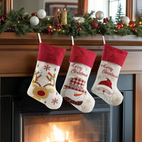 18'' Vintage Christmas Stockings Set of 3 Santa, Snowman, Reindeer, Xmas Character Large Christmas Stocking Hanging Tag Knit Border for Family Kids