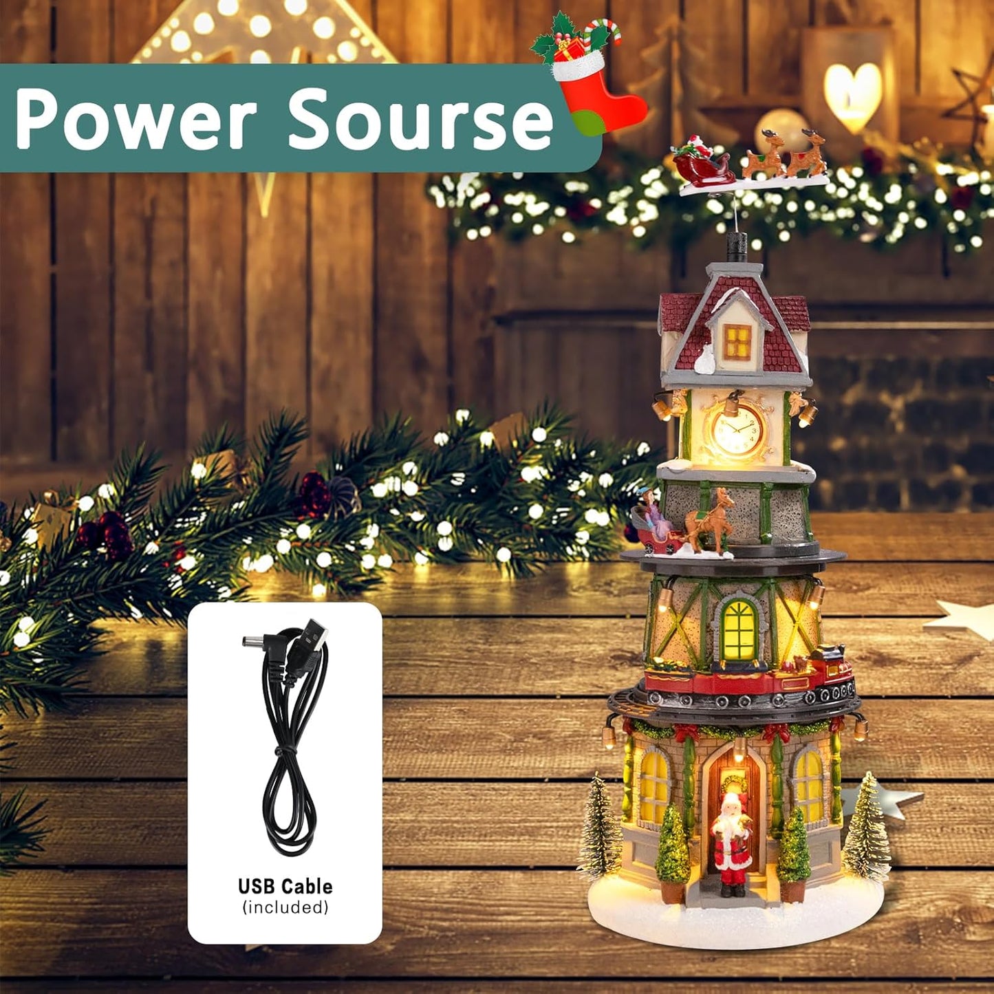 Animated Christmas Village Clock Tower with Reindeer, Train, and Lights