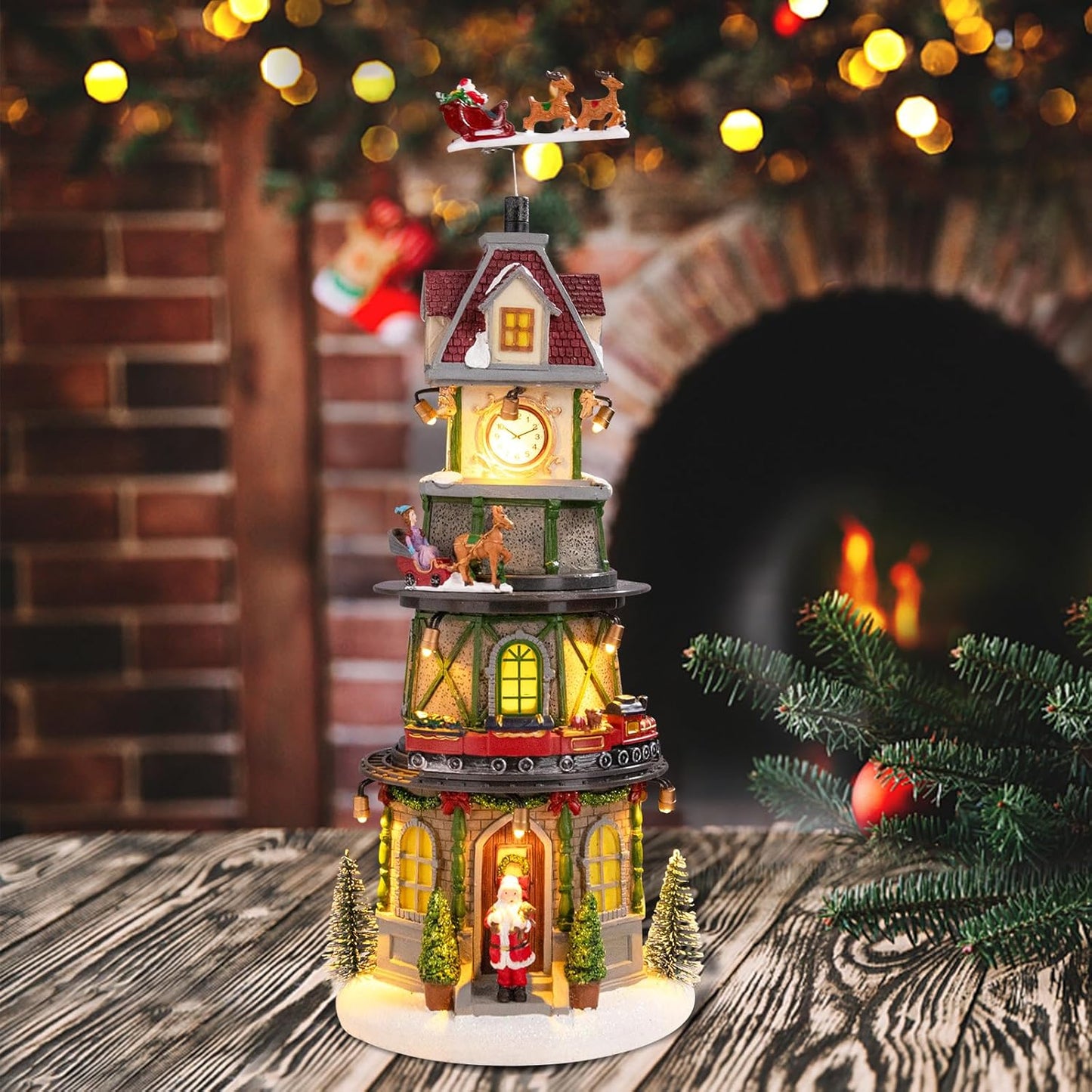 Animated Christmas Village Clock Tower with Reindeer, Train, and Lights