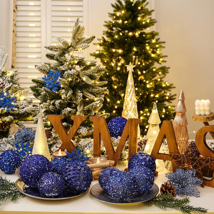 3.15" Christmas Ball Ornaments Glitter Shatterproof Christmas Tree Ornaments Sequin Xmas Hanging Balls Decorations for Wedding Party Holiday(Sapphire, 12Pc-8Cm)