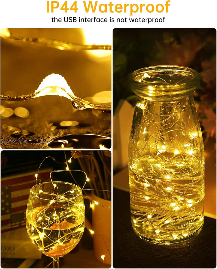 USB Powered Fairy Lights, 2 Pack 33Ft 100 LED, Flexible Silver Wire, Mini String Lights for Christmas Tree/Bedroom/Camping/Holiday Indoor Decoration, Warm White