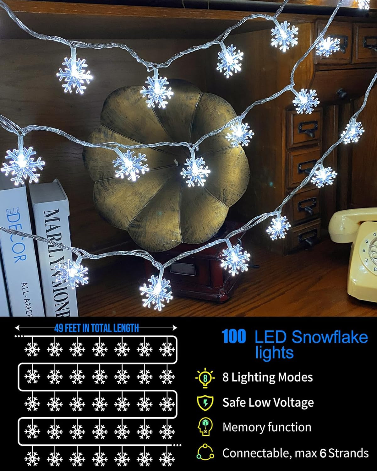 100 LED Snowflake Lights, 32Ft Snowflake Fairy String Lights, 8 Modes Plug in Christmas String Lights, Waterproof Xmas Light for Indoor Christmas Decorations, White