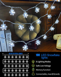 100 LED Snowflake Lights, 32Ft Snowflake Fairy String Lights, 8 Modes Plug in Christmas String Lights, Waterproof Xmas Light for Indoor Christmas Decorations, White