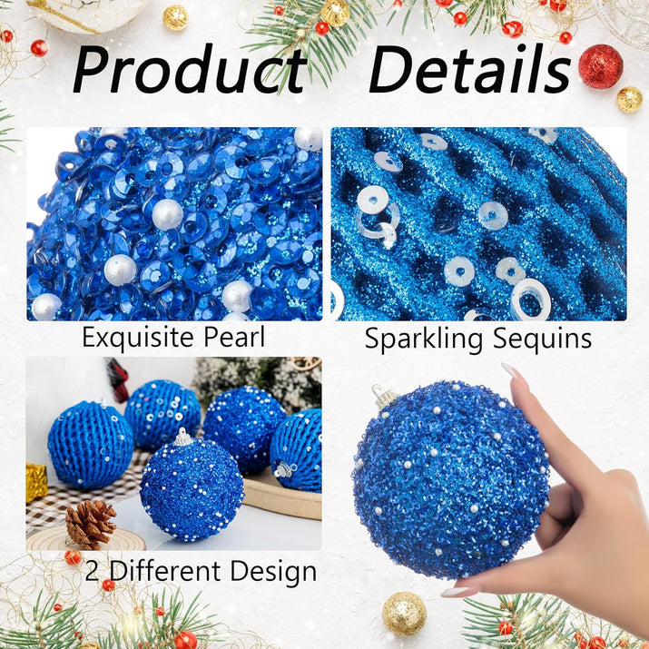 6Pcs 3.94" Christmas Ball Ornaments Glitter Shatterproof Christmas Tree Ornaments Sequin Xmas Hanging Balls Decorations for Wedding Party Holiday(Sapphire, 6Pc-10Cm)