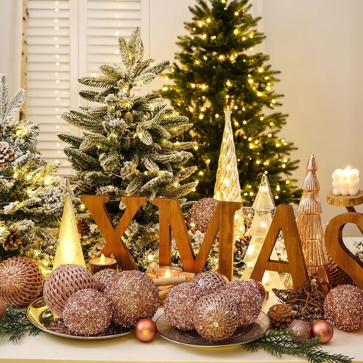 3.15" Christmas Ball Ornaments Glitter Shatterproof Christmas Tree Ornaments Sequin Xmas Hanging Balls Decorations for Wedding Party Holiday(Rose Gold, 12Pc-8Cm)