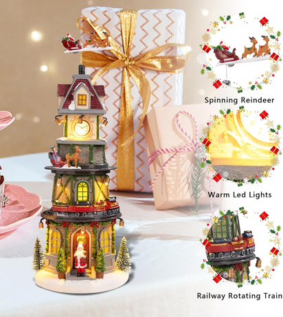 Animated Christmas Village Clock Tower with Reindeer, Train, and Lights