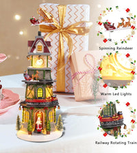 Animated Christmas Village Clock Tower with Reindeer, Train, and Lights