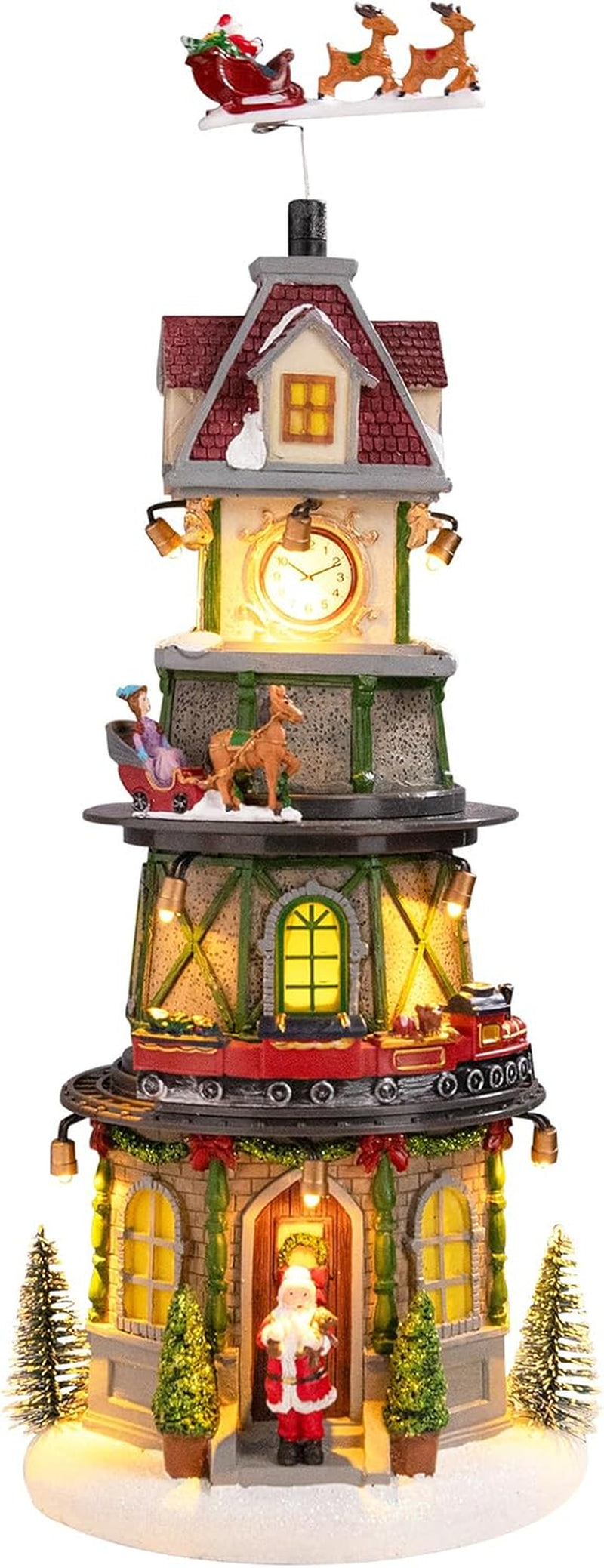 Animated Christmas Village Clock Tower with Reindeer, Train, and Lights