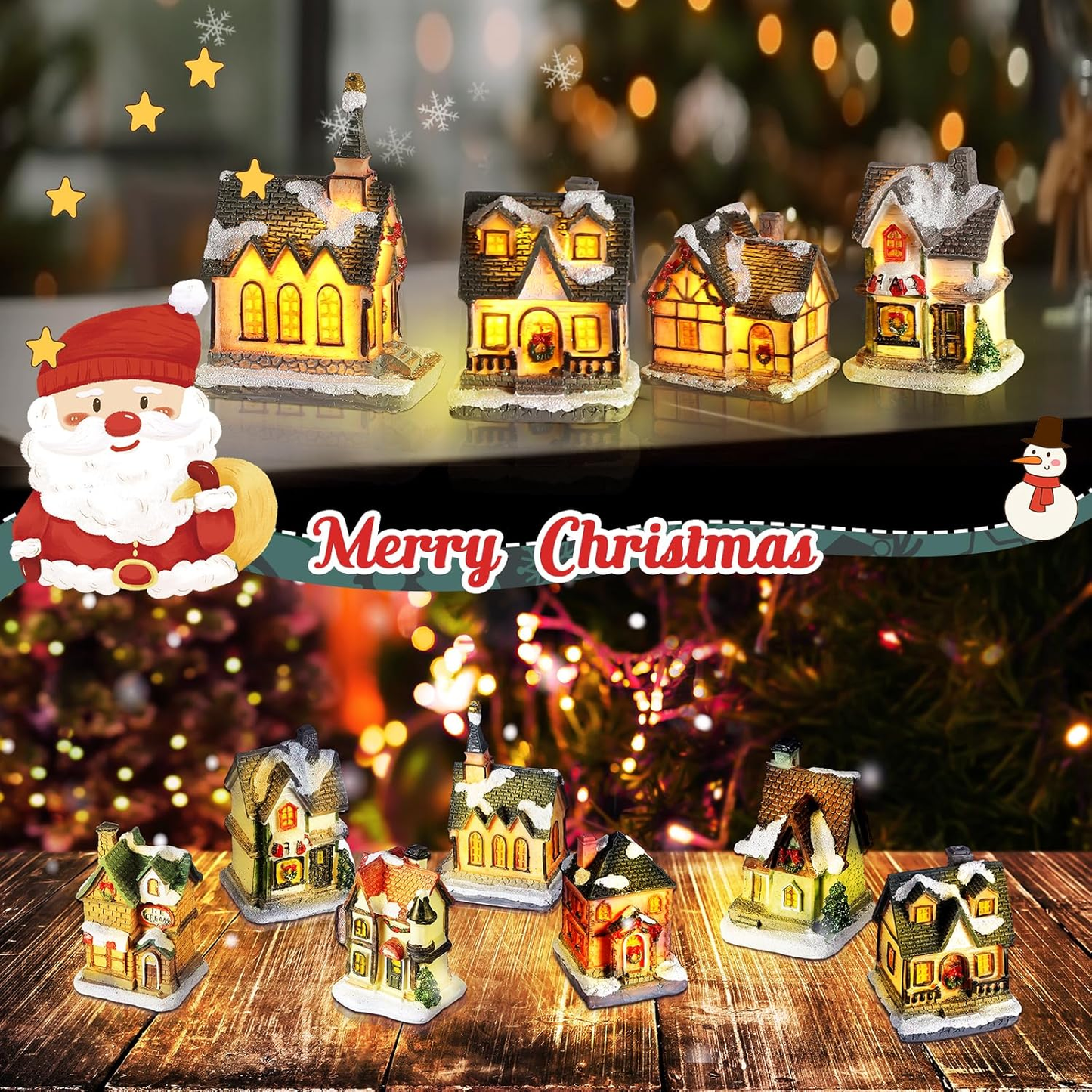 Christmas Village Set: 10 LED Lighted Houses with Figurines for Decor