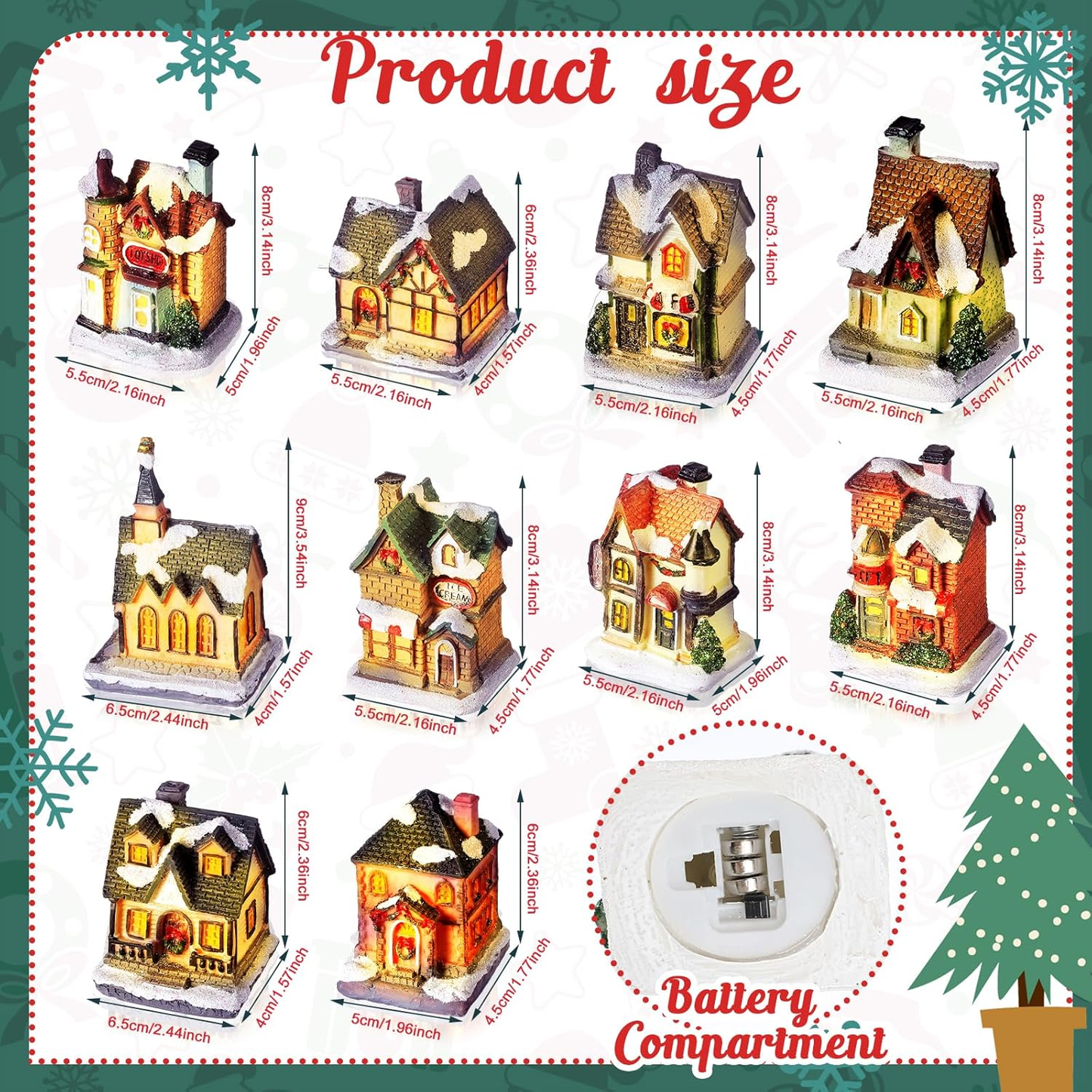 Christmas Village Set: 10 LED Lighted Houses with Figurines for Decor