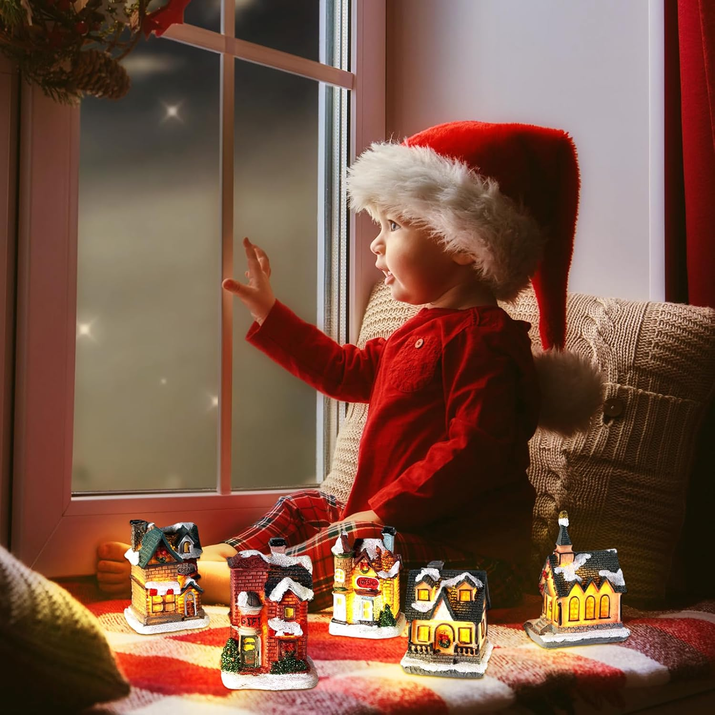 Christmas Village Set: 10 LED Lighted Houses with Figurines for Decor