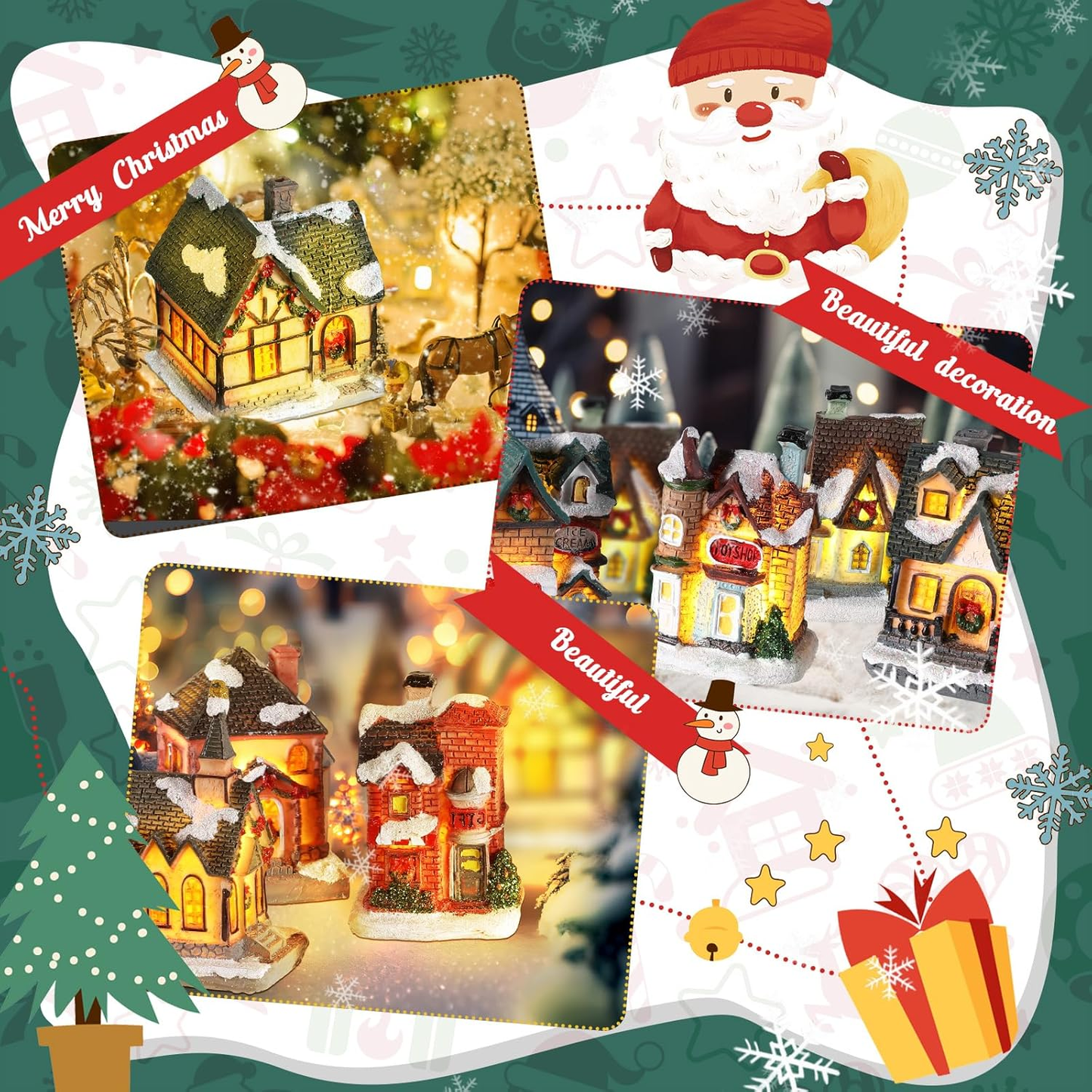 Christmas Village Set: 10 LED Lighted Houses with Figurines for Decor