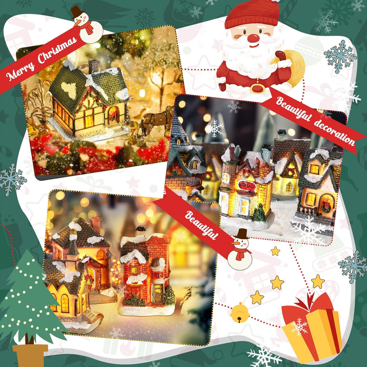Christmas Village Set: 10 LED Lighted Houses with Figurines for Decor